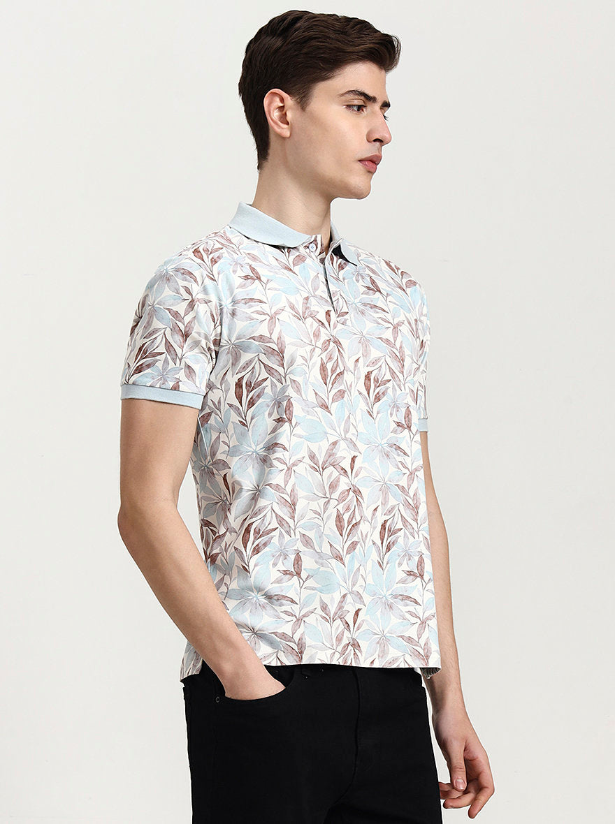 Sky Blue Printed Slim Fit Polo T-Shirt | JadeBlue