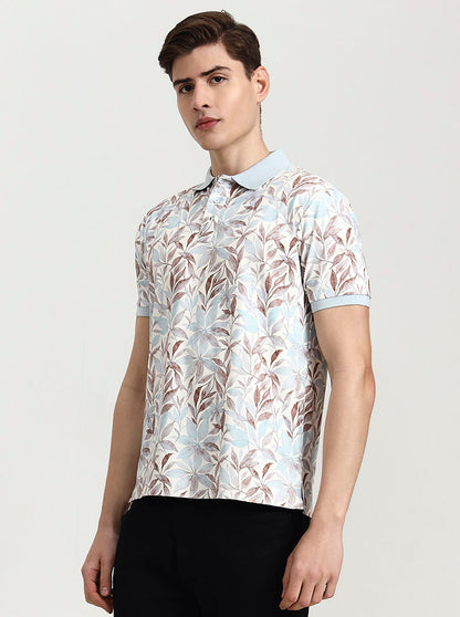 Sky Blue Printed Slim Fit Polo T-Shirt | JadeBlue
