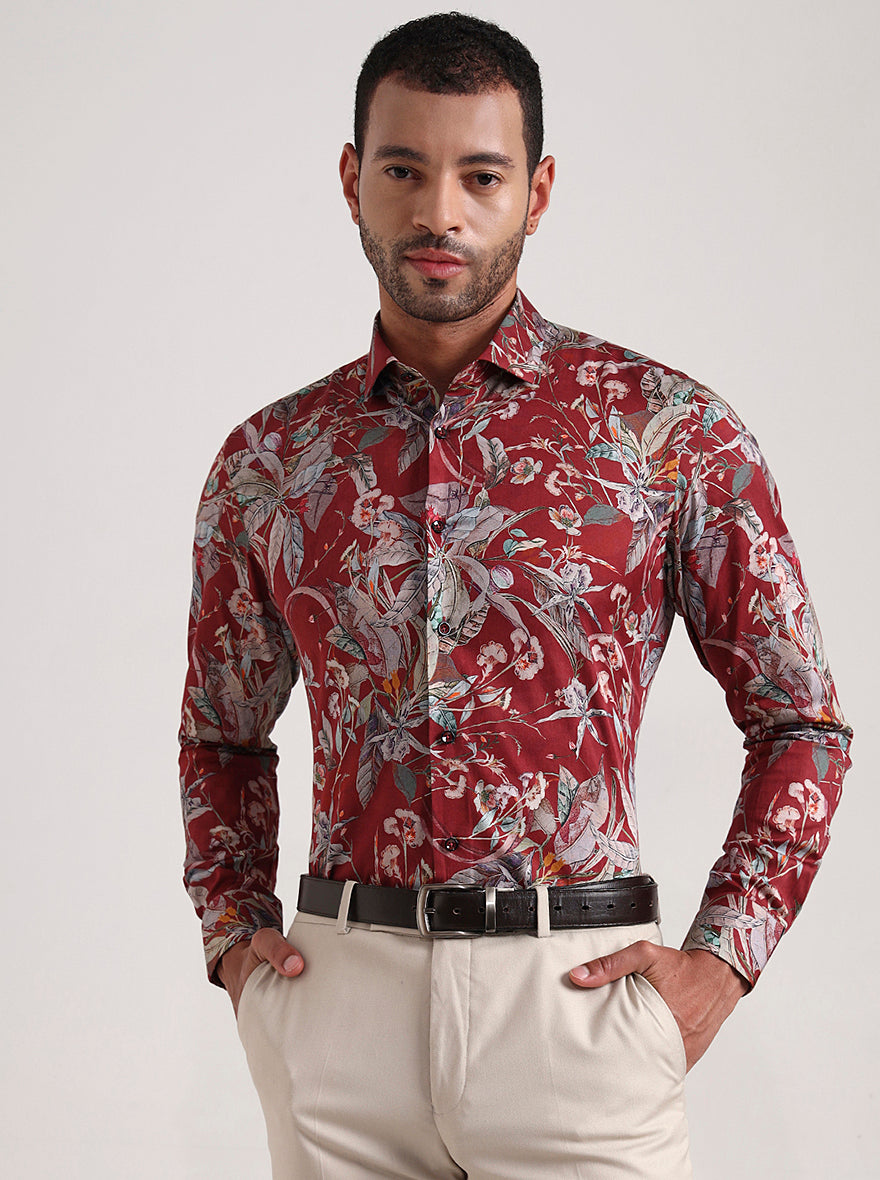 Maroon Printed Slim Fit Party Wear Shirt | Wyre