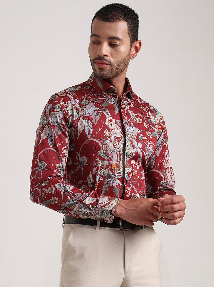 Maroon Printed Slim Fit Party Wear Shirt | Wyre