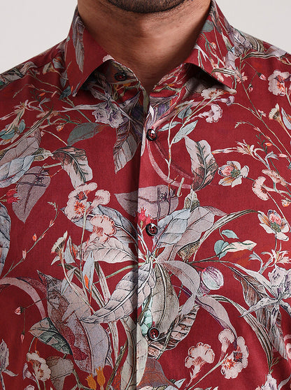 Maroon Printed Slim Fit Party Wear Shirt | Wyre
