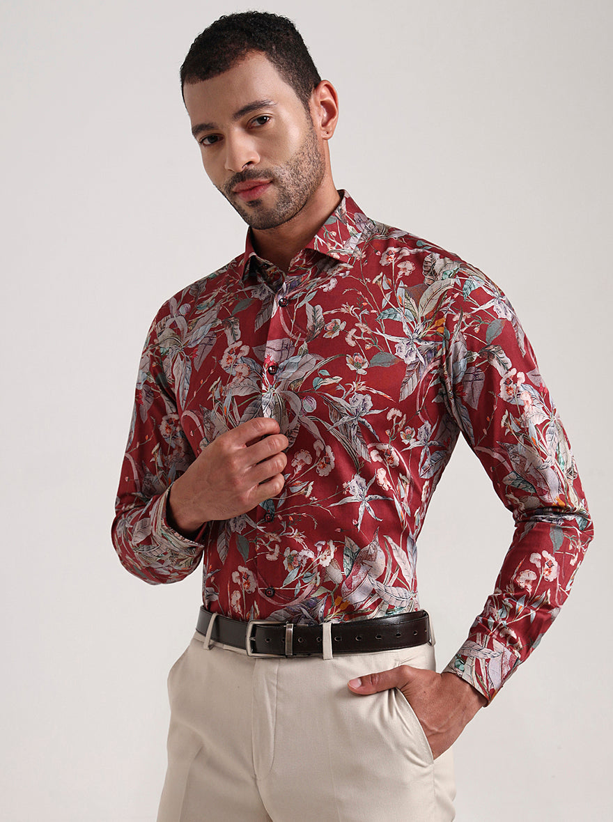 Maroon Printed Slim Fit Party Wear Shirt | Wyre