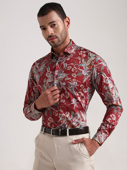 Maroon Printed Slim Fit Party Wear Shirt | Wyre
