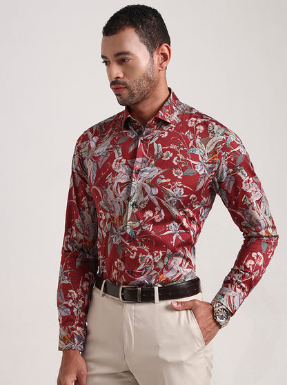 Maroon Printed Slim Fit Party Wear Shirt | Wyre