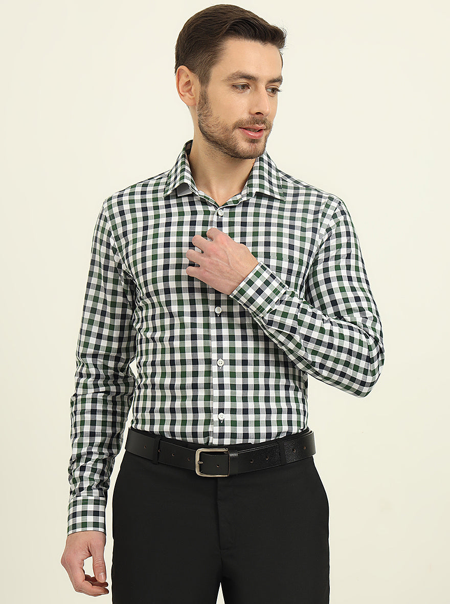 White & Green Checked Slim Fit Formal Shirt | JadeBlue Youth