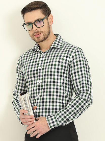 White & Green Checked Slim Fit Formal Shirt | JadeBlue Youth