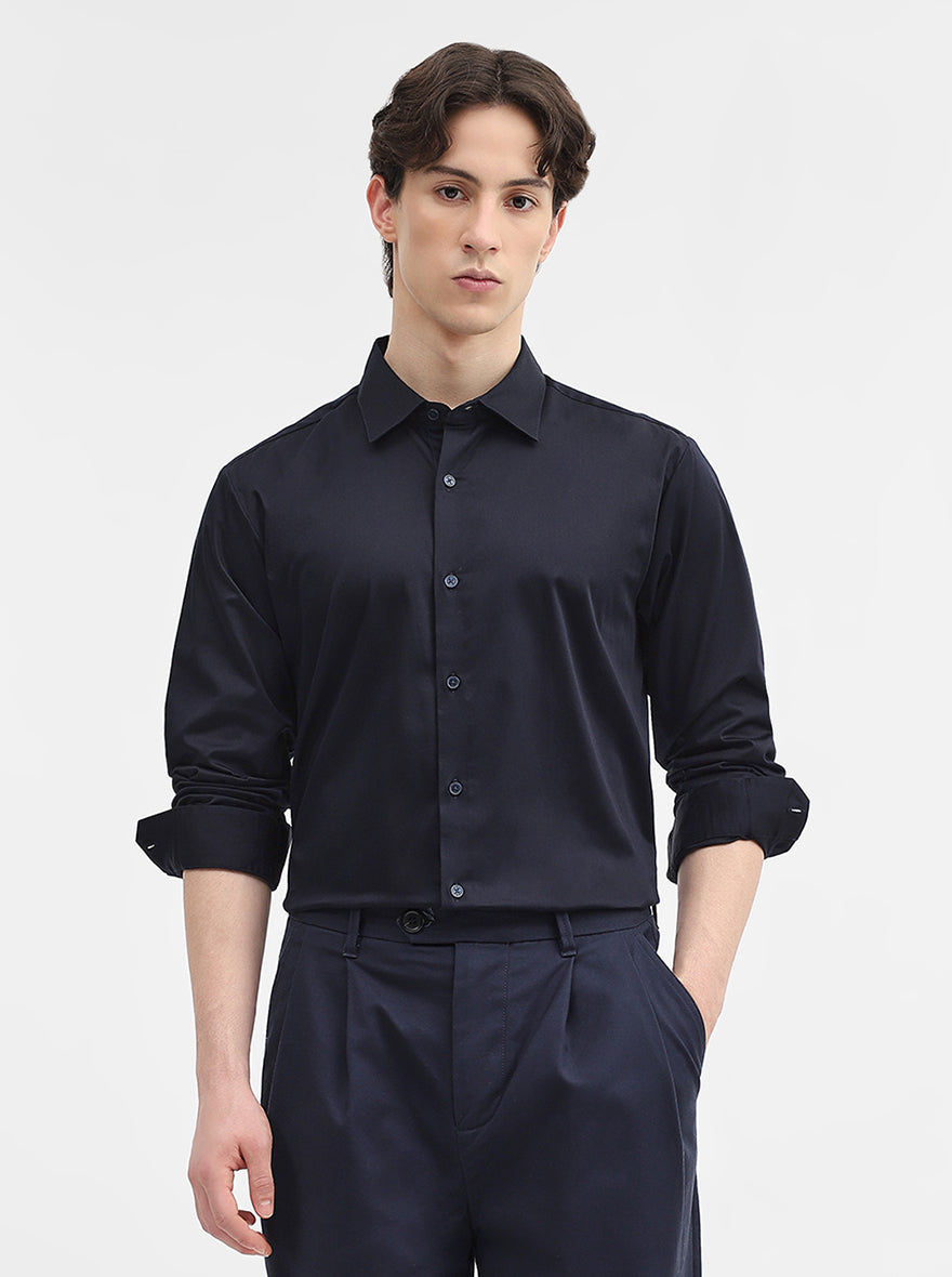 Navy Blue Solid Slim Fit Casual Shirt | JadeBlue