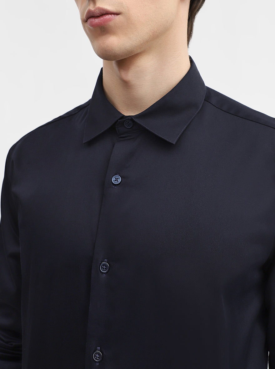 Navy Blue Solid Slim Fit Casual Shirt | JadeBlue