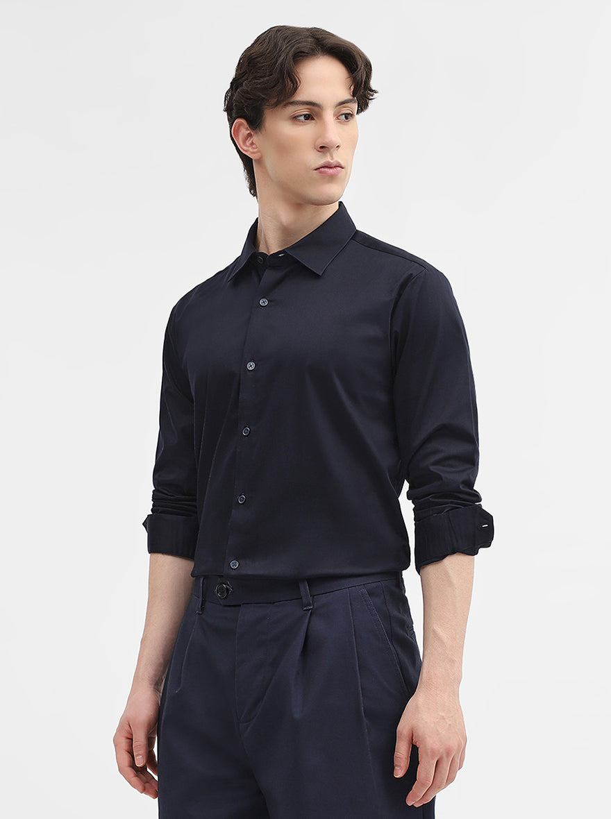 Navy Blue Solid Slim Fit Casual Shirt | JadeBlue