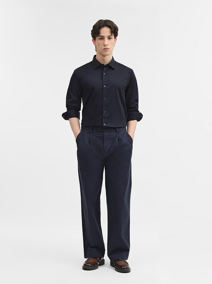 Navy Blue Solid Slim Fit Casual Shirt | JadeBlue