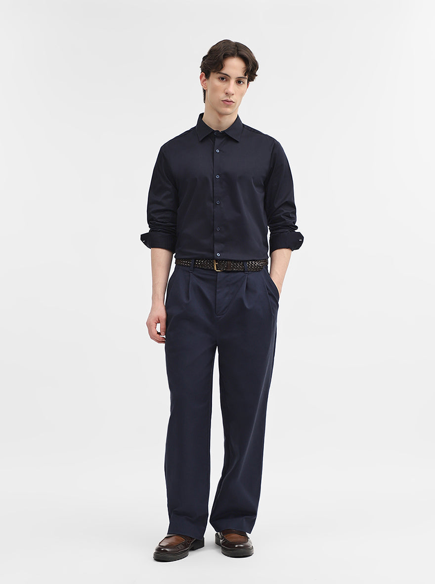 Navy Blue Solid Slim Fit Casual Shirt | JadeBlue