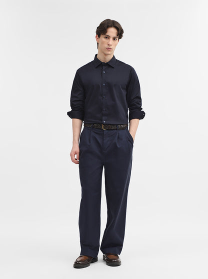Navy Blue Solid Slim Fit Casual Shirt | JadeBlue