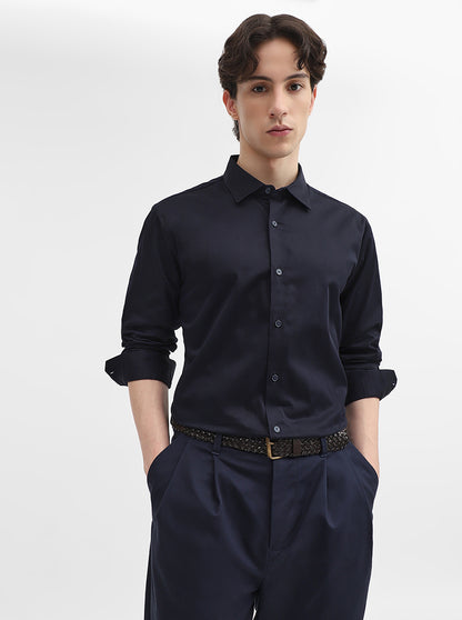 Navy Blue Solid Slim Fit Casual Shirt | JadeBlue
