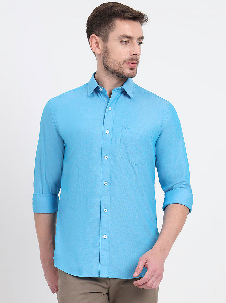 Ocean Blue Solid Smart Fit Semi Casual Shirt | JadeBlue