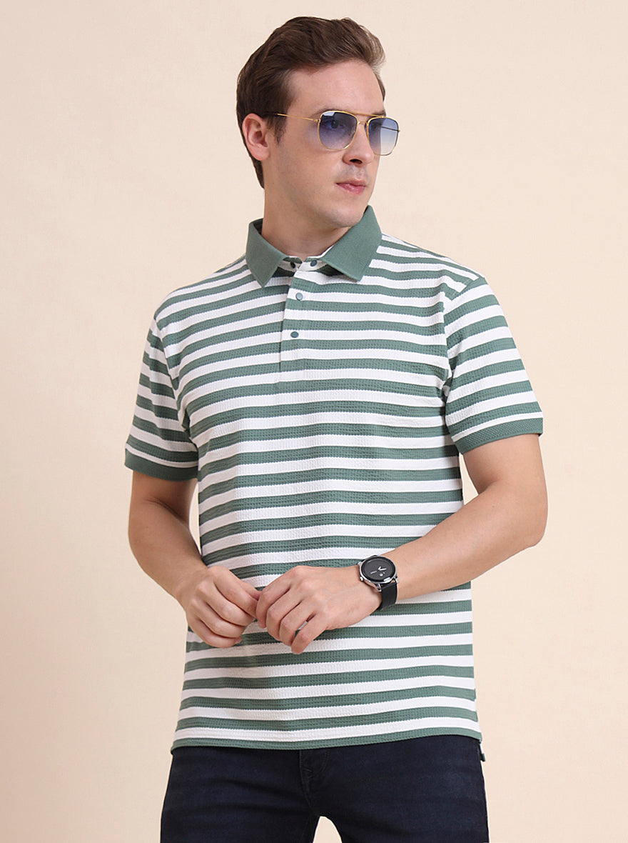 Olive & White Striped Slim Fit Polo T-Shirt | JadeBlue