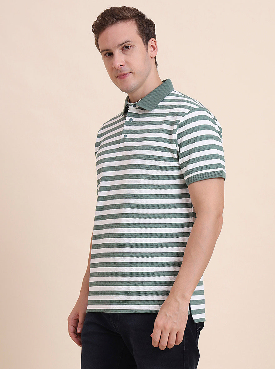 Olive & White Striped Slim Fit Polo T-Shirt | JadeBlue