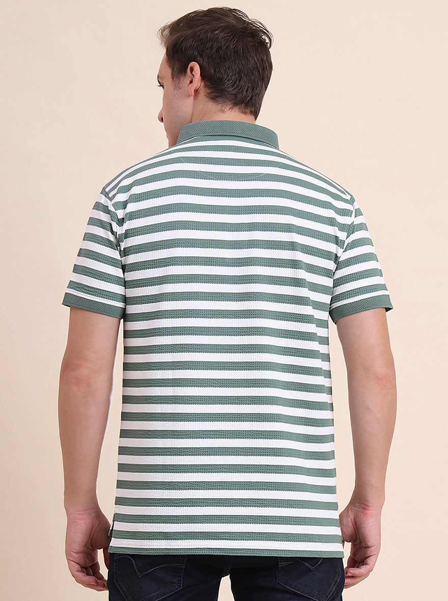 Olive & White Striped Slim Fit Polo T-Shirt | JadeBlue