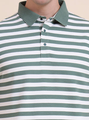 Olive & White Striped Slim Fit Polo T-Shirt | JadeBlue