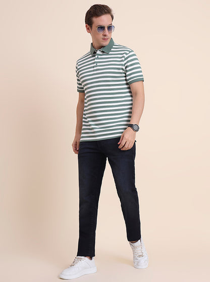 Olive & White Striped Slim Fit Polo T-Shirt | JadeBlue