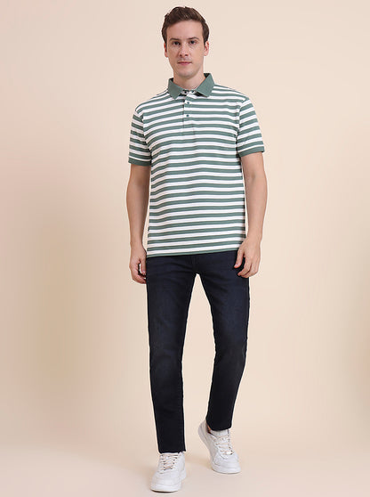 Olive & White Striped Slim Fit Polo T-Shirt | JadeBlue