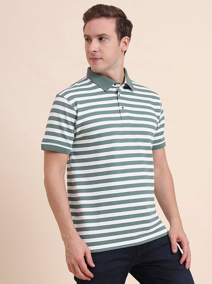 Olive & White Striped Slim Fit Polo T-Shirt | JadeBlue