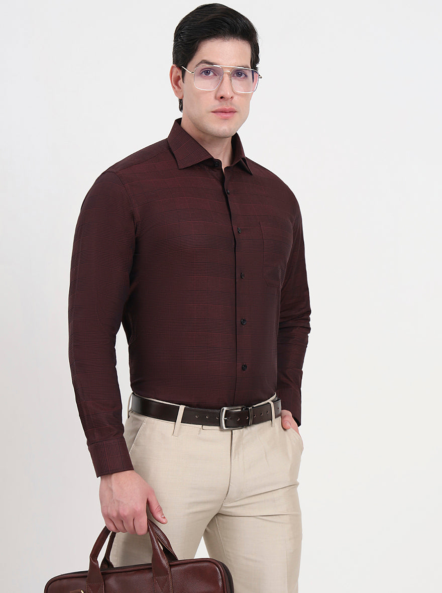 Maroon Checked Slim Fit Formal Shirt | Metal