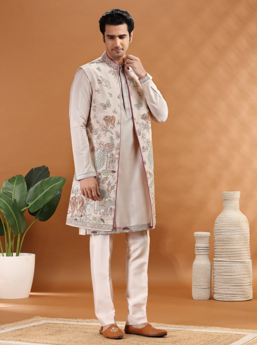 Pink Embroidered Kurta Pajama with Koti | TULA