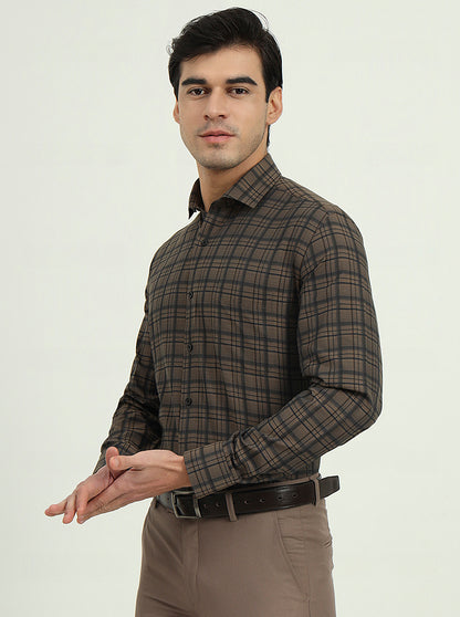 Brown & Black Checked Slim Fit Formal Shirt | Greenfibre