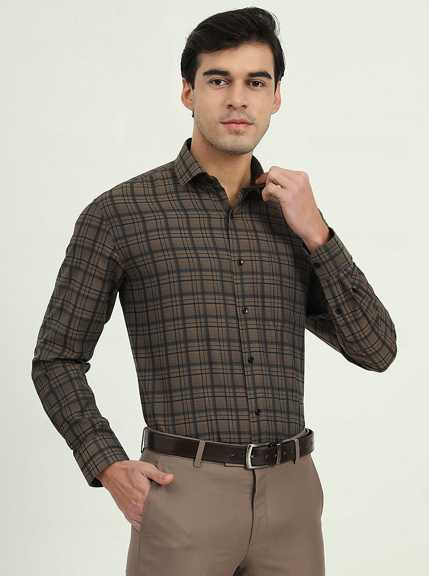 Brown & Black Checked Slim Fit Formal Shirt | Greenfibre