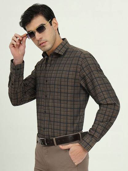 Brown & Black Checked Slim Fit Formal Shirt | Greenfibre