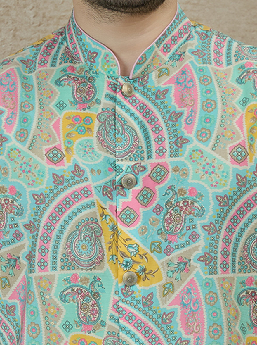 Aqua Green & Multicolor Printed Kurta Pajama | Azania