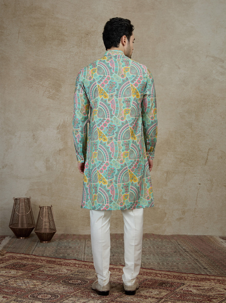 Aqua Green & Multicolor Printed Kurta Pajama | Azania