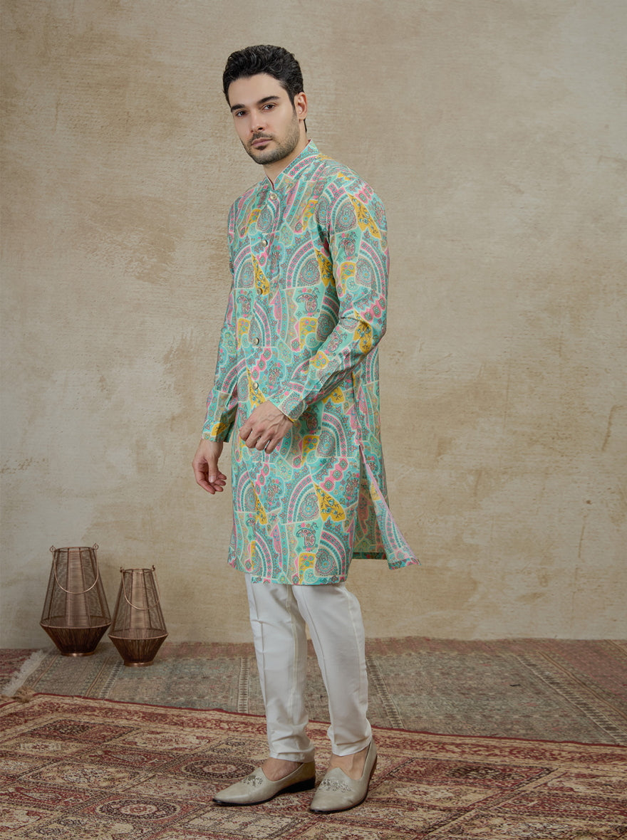 Aqua Green & Multicolor Printed Kurta Pajama | Azania