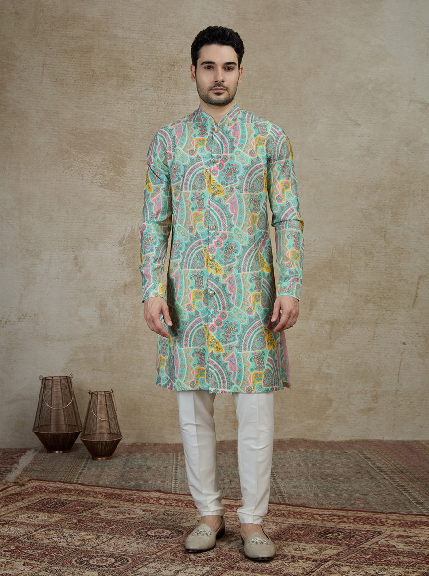 Aqua Green & Multicolor Printed Kurta Pajama | Azania