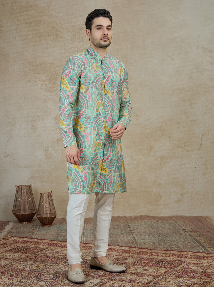 Aqua Green & Multicolor Printed Kurta Pajama | Azania
