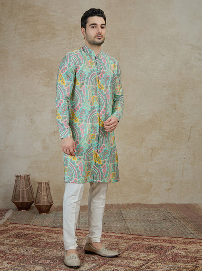 Aqua Green & Multicolor Printed Kurta Pajama | Azania