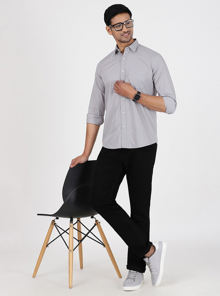 Light Grey Printed Slim Fit Semi Casual Shirt | JadeBlue