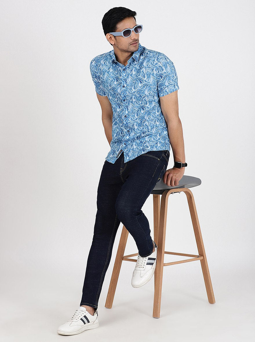 Blue Printed Slim Fit Casual Shirt | JadeBlue