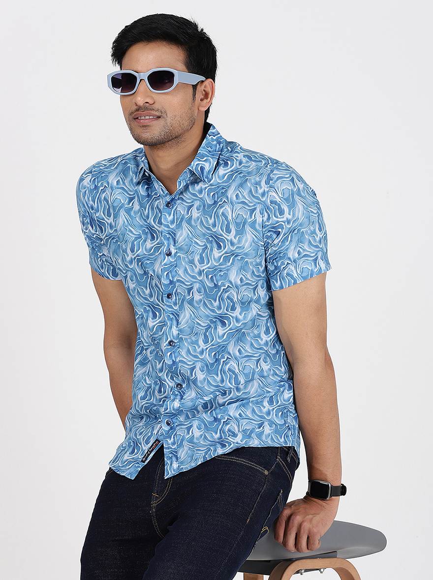 Blue Printed Slim Fit Casual Shirt | JadeBlue