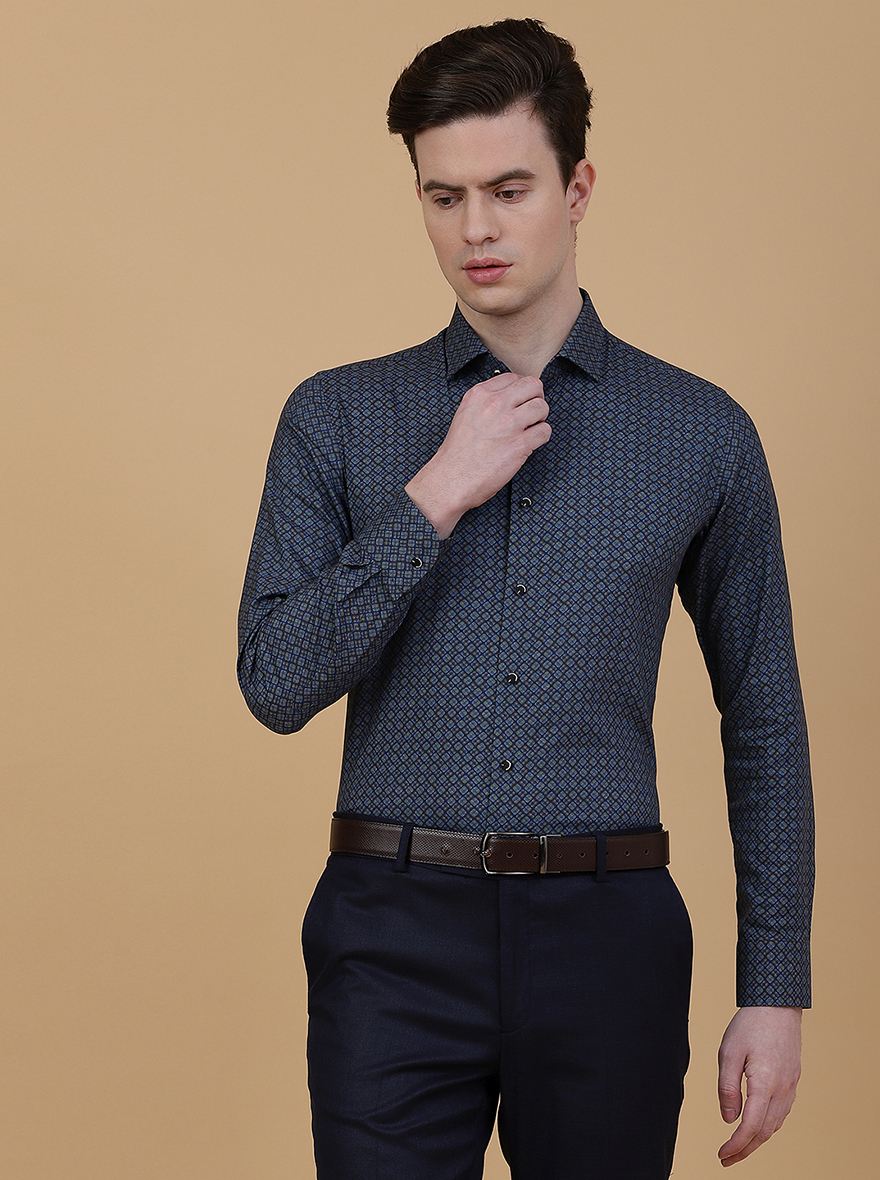 Blue Printed Slim Fit Party Wear Shirt | JB Studio