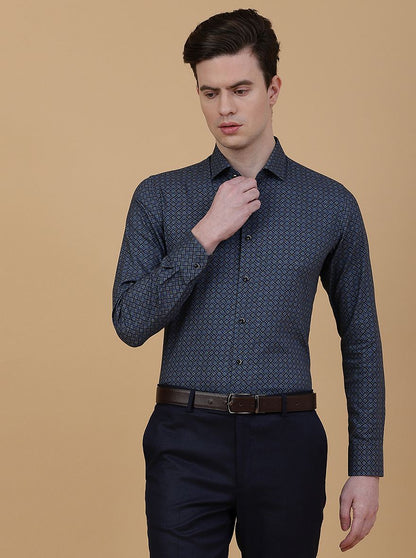 Blue Printed Slim Fit Party Wear Shirt | JB Studio