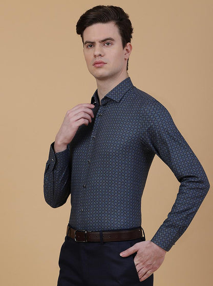 Blue Printed Slim Fit Party Wear Shirt | JB Studio