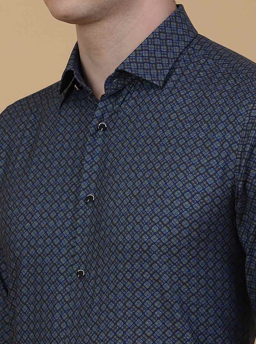 Blue Printed Slim Fit Party Wear Shirt | JB Studio