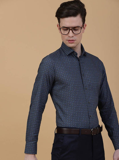 Blue Printed Slim Fit Party Wear Shirt | JB Studio