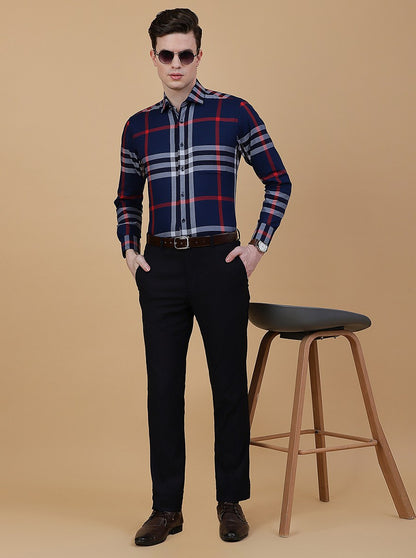 Navy Blue Checked Slim Fit Formal Shirt | Metal