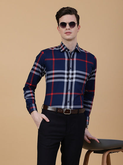 Navy Blue Checked Slim Fit Formal Shirt | Metal