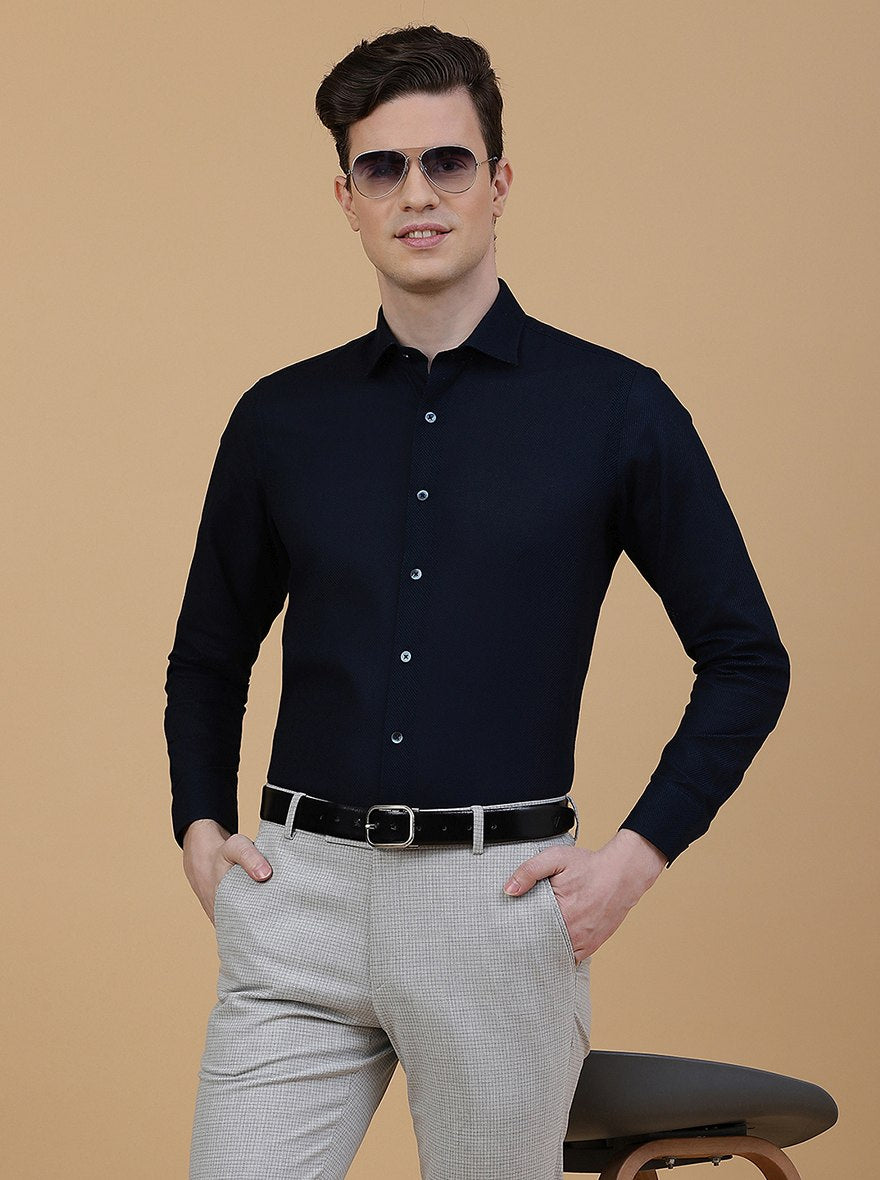 Navy Blue Solid Slim Fit Formal Shirt | Metal