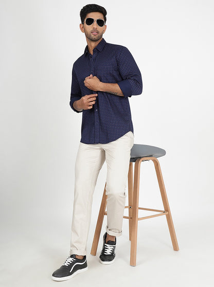 Navy Blue Printed Slim Fit Semi Casual Shirt | JadeBlue