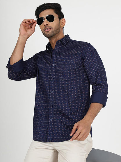 Navy Blue Printed Slim Fit Semi Casual Shirt | JadeBlue