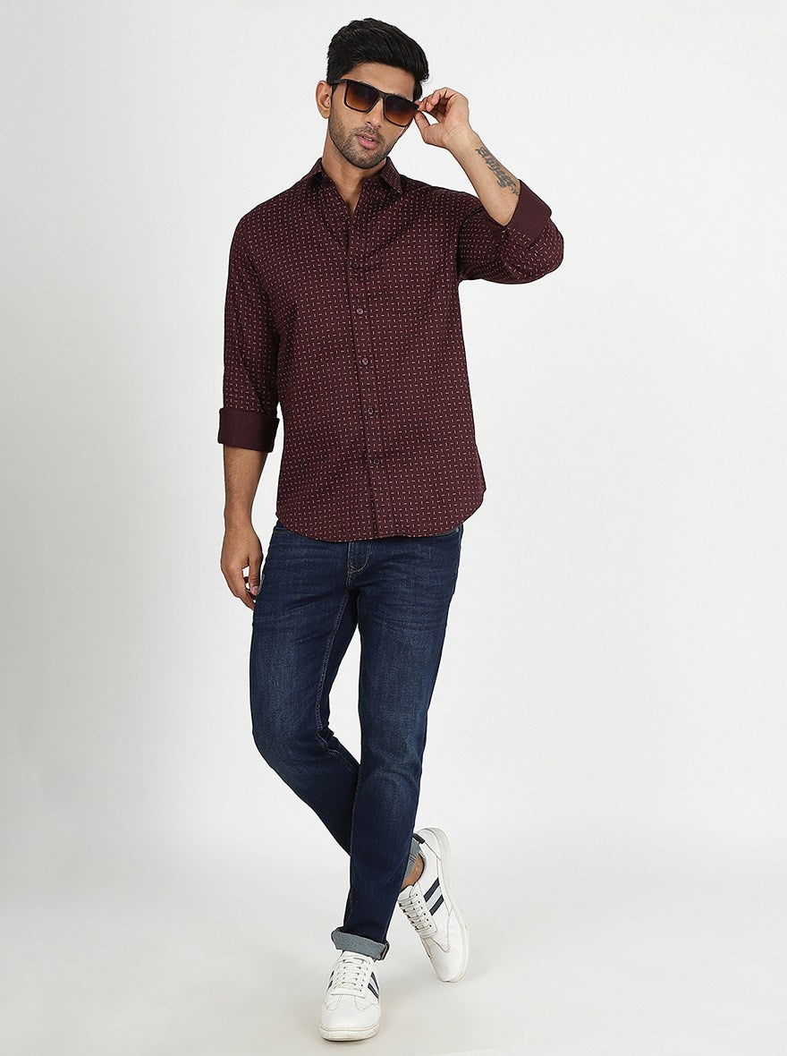 Wine Printed Slim Fit Semi Casual Shirt | JadeBlue